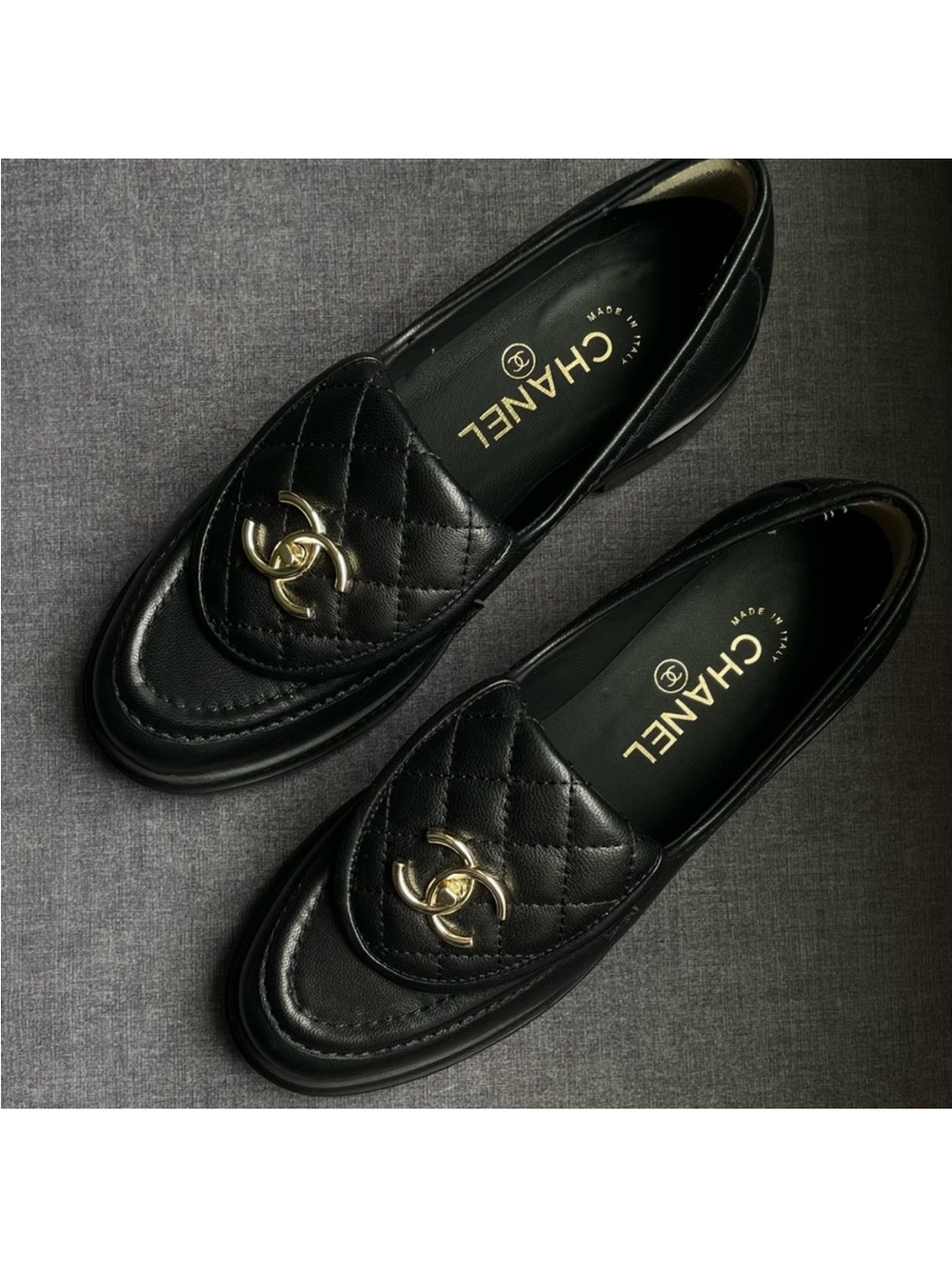 CHANEL Black Quilted Leather Gold CC Loafers